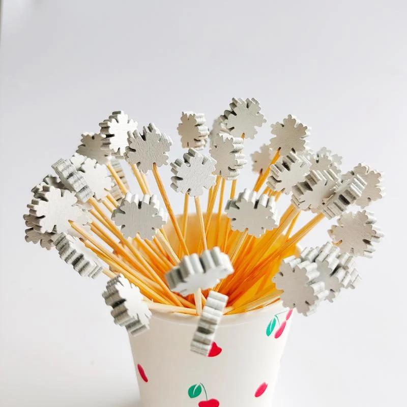 100Pcs Christmas Disposable Bamboo Skewers Food Picks Fruit Fork Party Cake Dessert Salad Sticks Toothpick Skewer