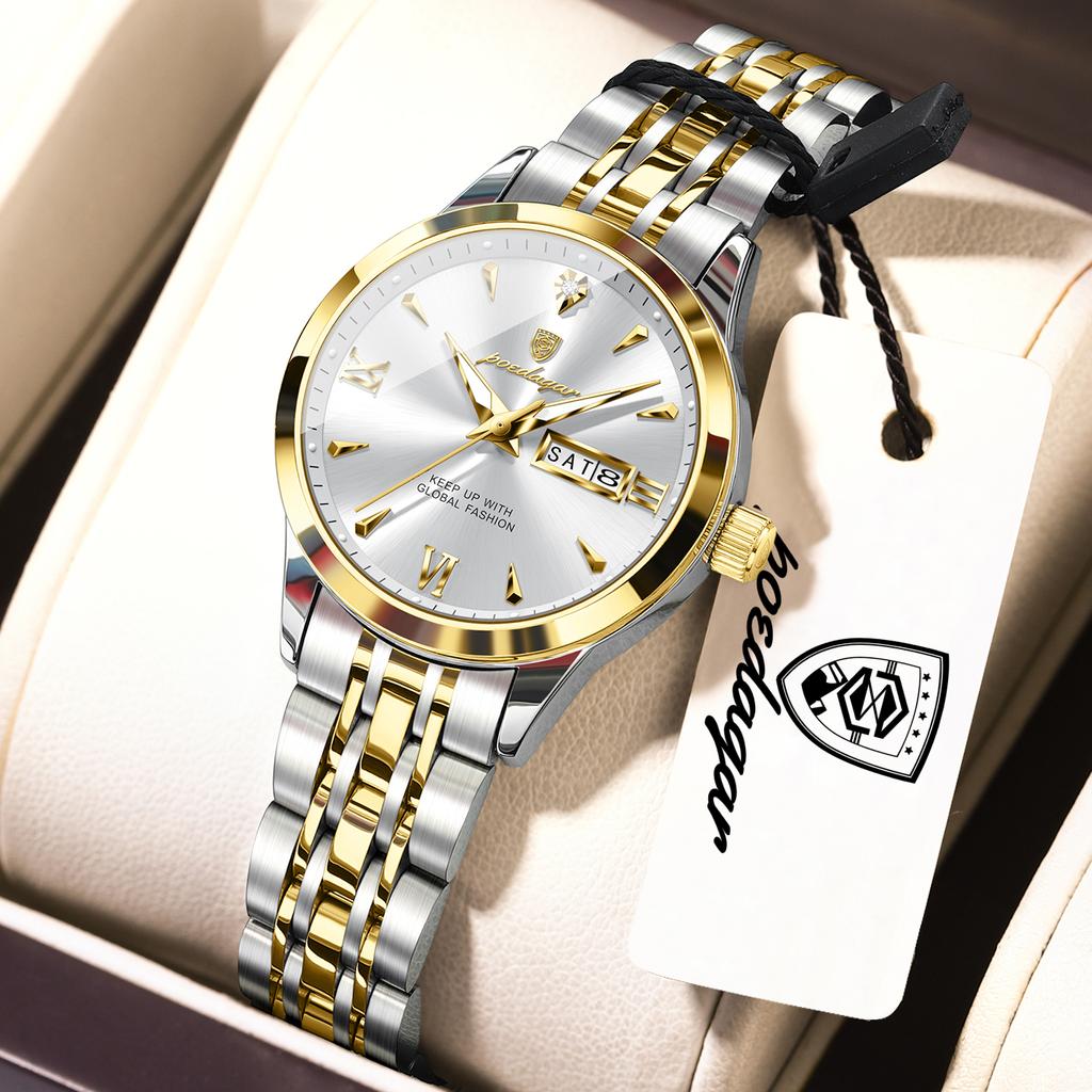 POEDAGAR Original Watch for Woman Waterproof Luminous Date Week Ladies Watch Stainless Steel Quartz Watches Female