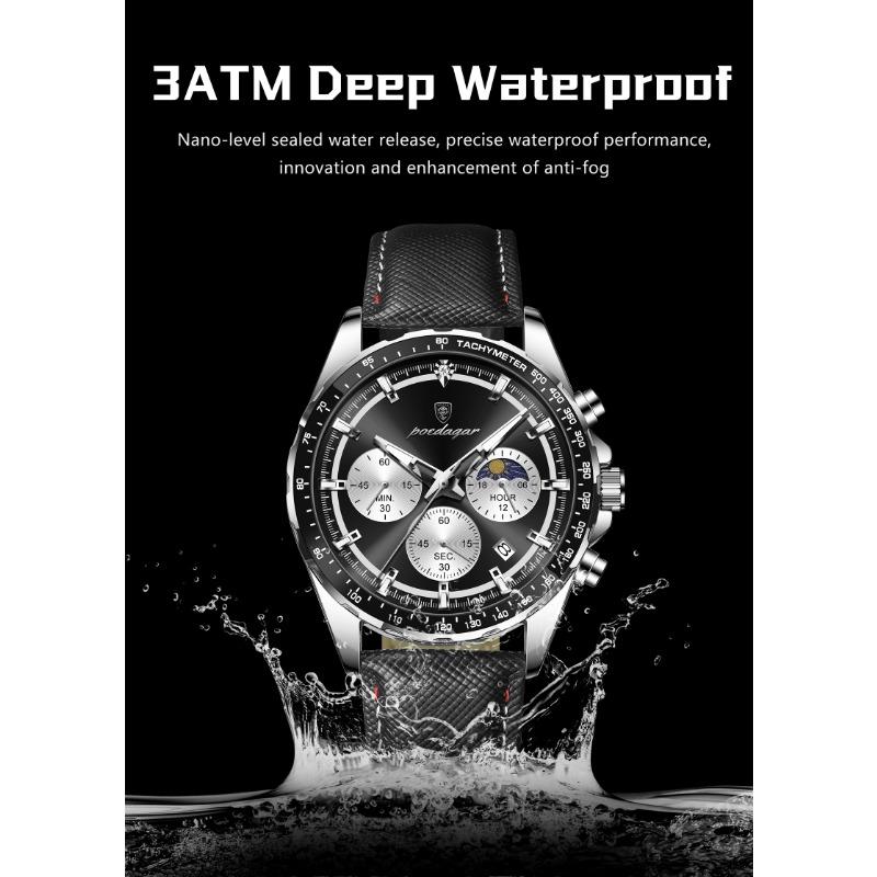POEDAGAR Fashion Men's Watches High Quality Luminous Waterproof Male Wristwatch Leather Chronograph Date Sports Quartz Clock