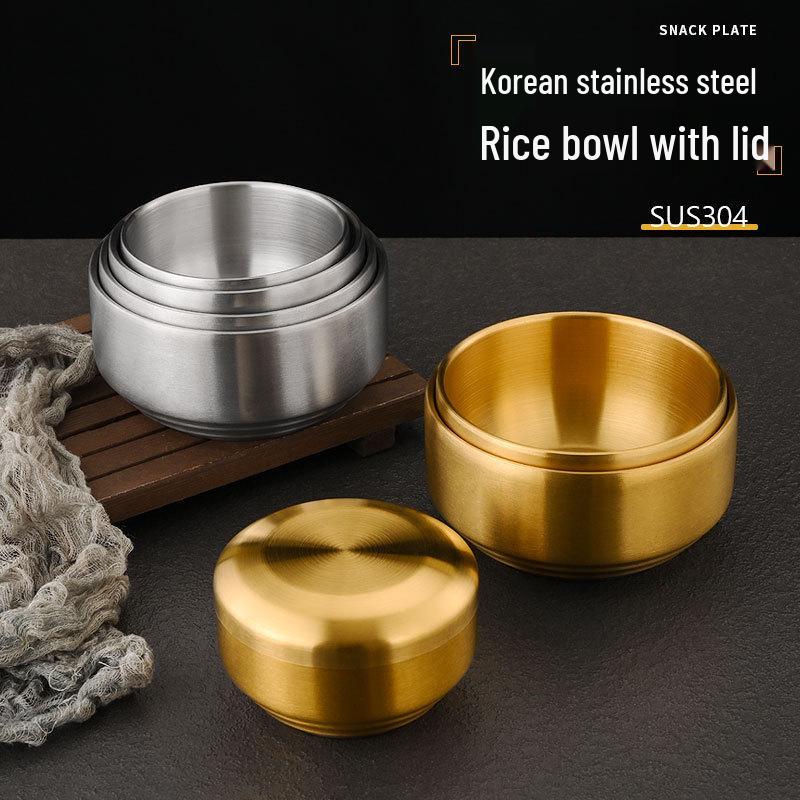 304 Stainless Steel Double-Layer Korean Rice and Soup Bowl with Lid for Kids