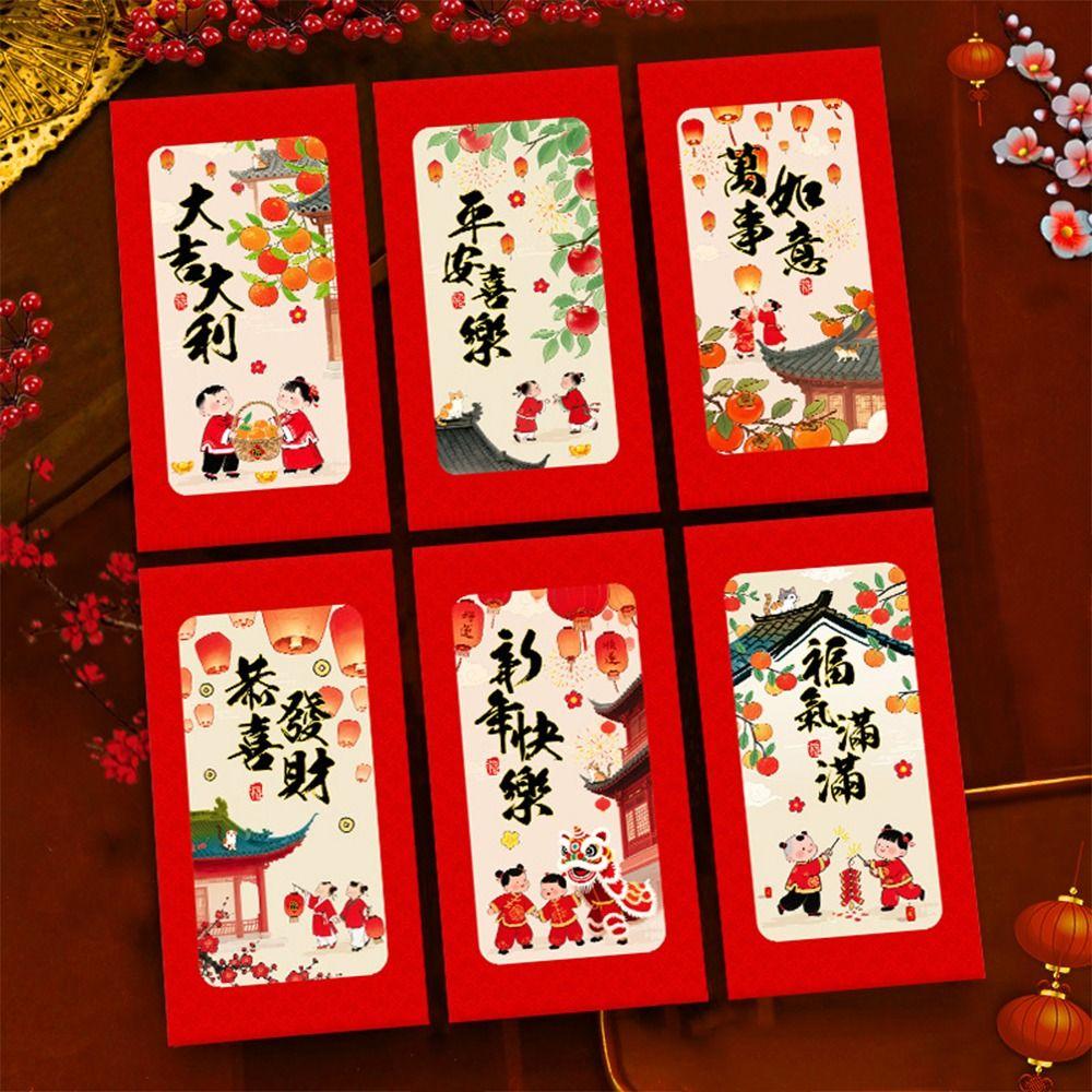 6pcs Chinese Style 2026 Horse Year Red Envelope Paper Craft Mixed Pattern New Year Money Envelope Blessing Cartoon