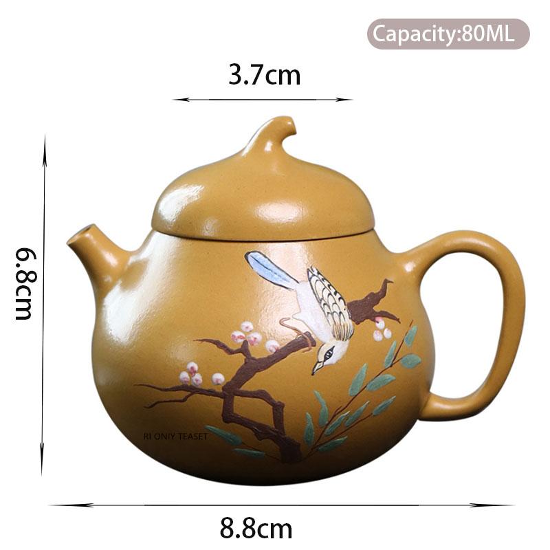 

80ml Chinese Yixing Purple Clay Teapot Handmade Mud Painted Flower and Bird Pattern Tea Pot Small Capacity Zisha Kettle Teaware