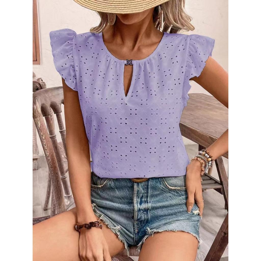 Jacquard V-Neck Push-Up Sleeve Short Sleeve T-Shirt Top,Women's