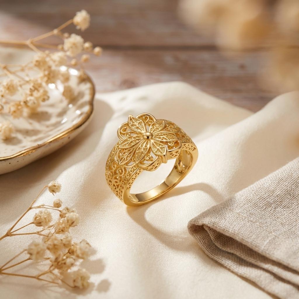 Vintage Elegant Hollow Carved Floral Ring for Women Bohemian Gold Plated Flower Finger Ring Party Banquet Luxury Jewelry Gift