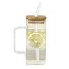 Square Glass Tumbler with Handle And Lid 380ml Transparent Coffee Cup Portable Tea Milk Jar for Hot Cold Drinks