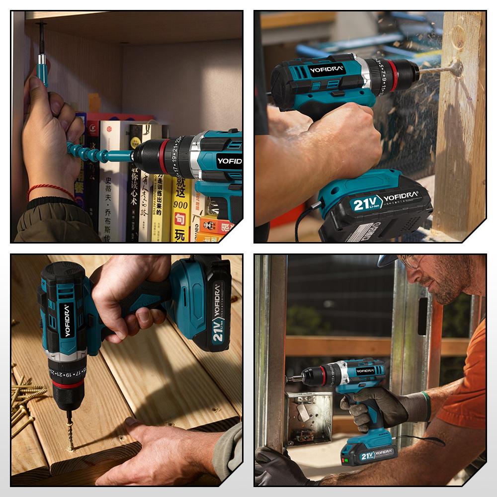 YOFIDRA 3IN1 Electric Impact Drill 25+3 Torque Handheld Cordless Impact Drill Woodworking Power Tool For Makita 21V Battery Pin