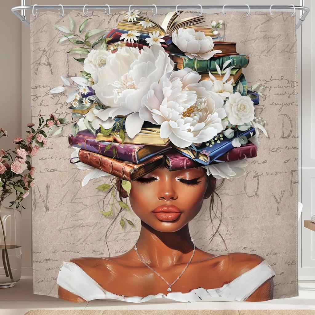 MESHELLY Black Girl Shower Curtain - Gray & Pink Peony, Motivational Quotes, Butterfly Design, Bath Decor