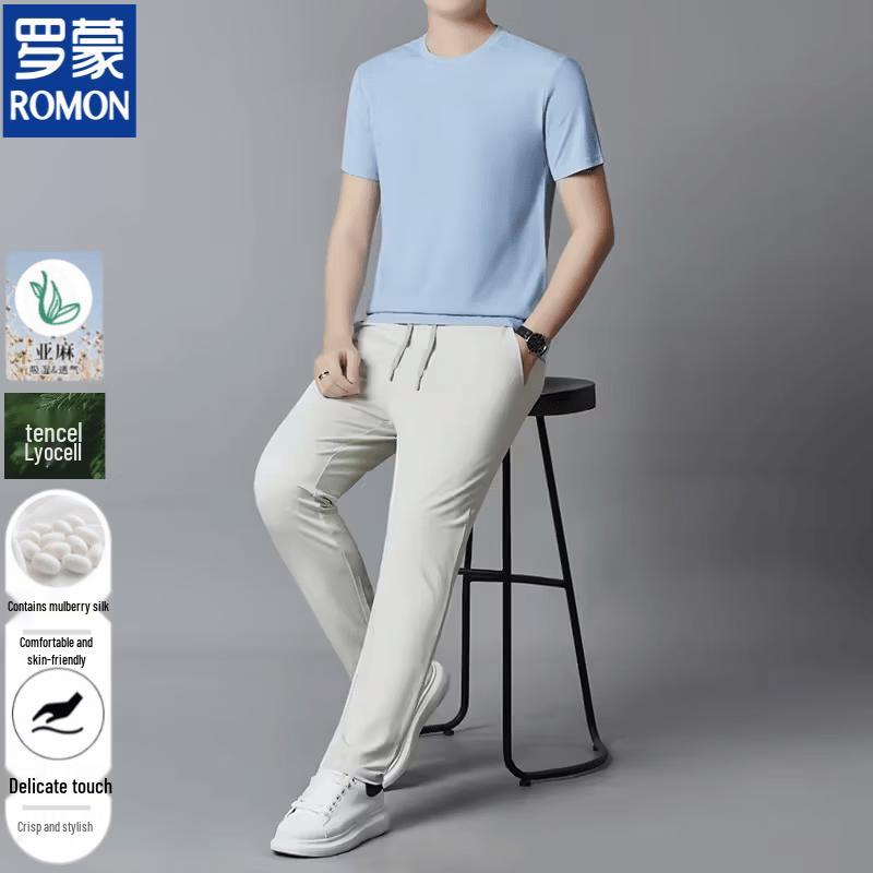 ROMON Men s Summer Casual Round Neck T-Shirt & Pants Set M