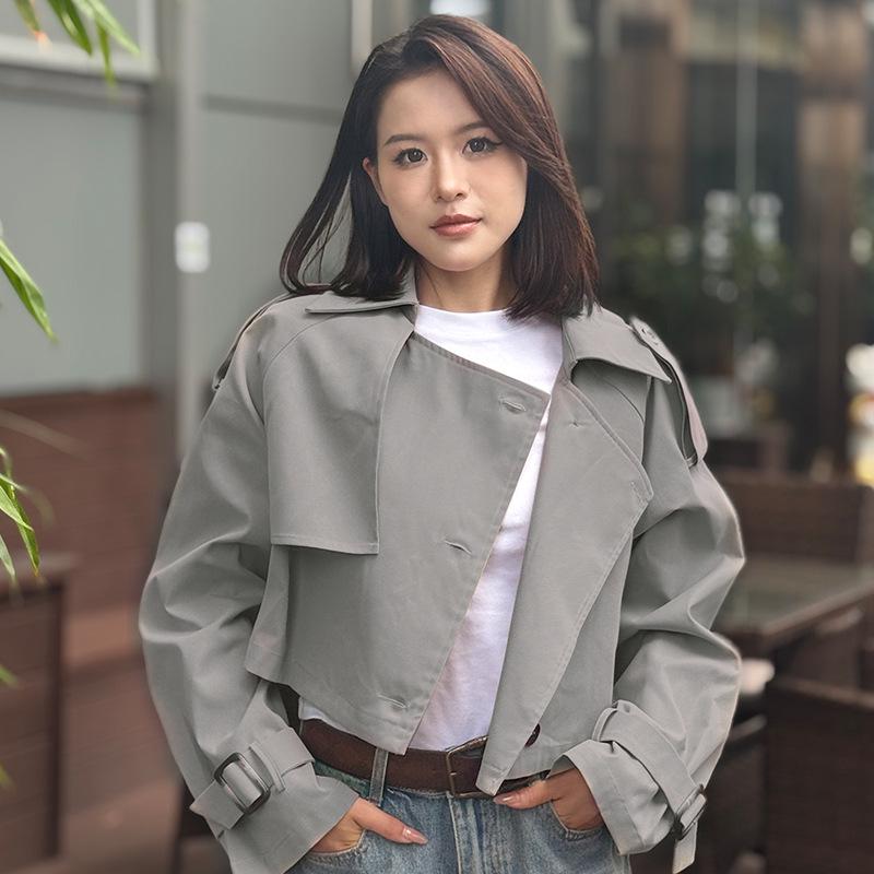 Petite Women's Retro Korean Barn-Style Loose Trench Coat, Autumn 2025 Collection, Single-Breasted with Unique Collar Design