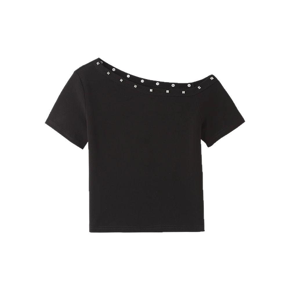 Women's Black Asymmetric Off-Shoulder T-Shirt with Rhinestones, Summer 2025 Collection - Chic and Unique Style