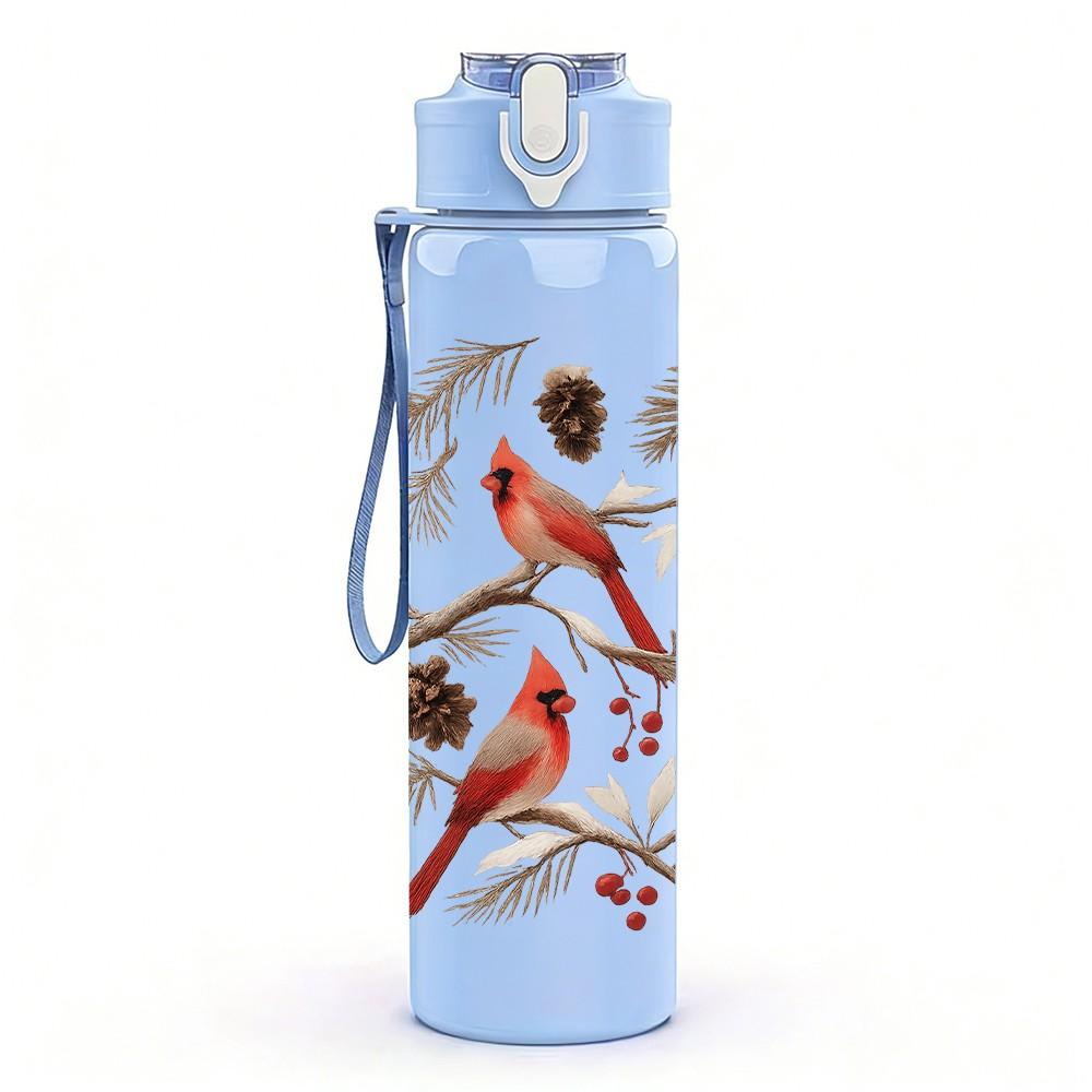1PC Red Bird Winter Branch Print 750ml Color Plastic Sports Water Bottle Leakproof Flip Straw Lid Suitable for Sports Office Home Use