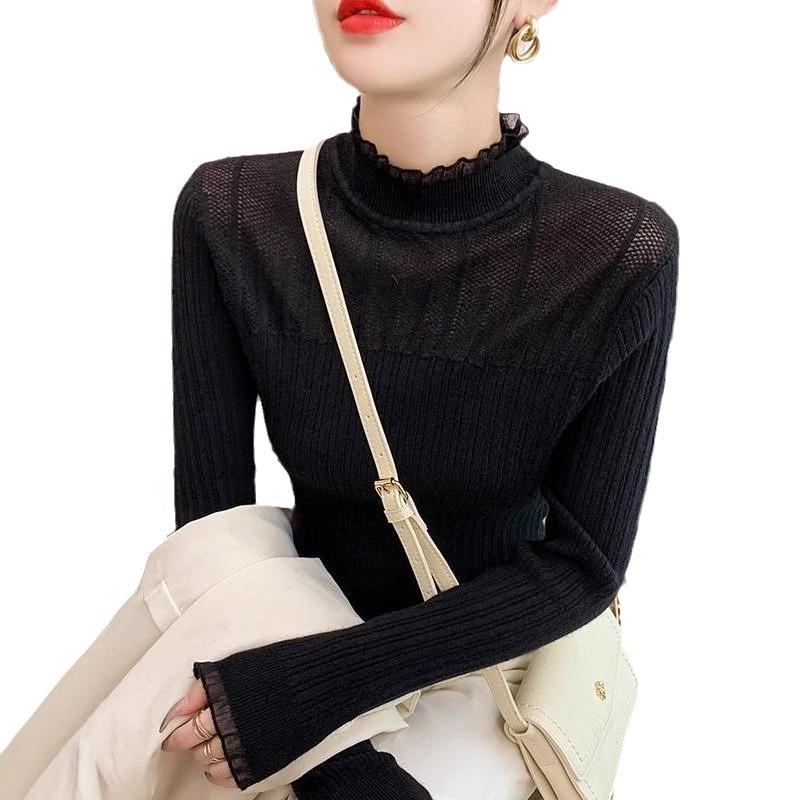 Half High Collar Lace Edge Knitted Sweater for Women Base Shirt Autumn and Winter Women's Clothing