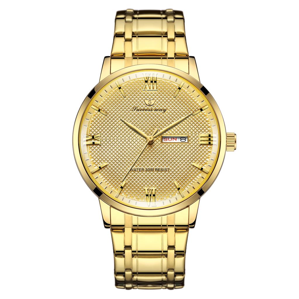 New high end elegant business steel strip men's quartz watch waterproof double calendar Roman numeral men's quartz watch