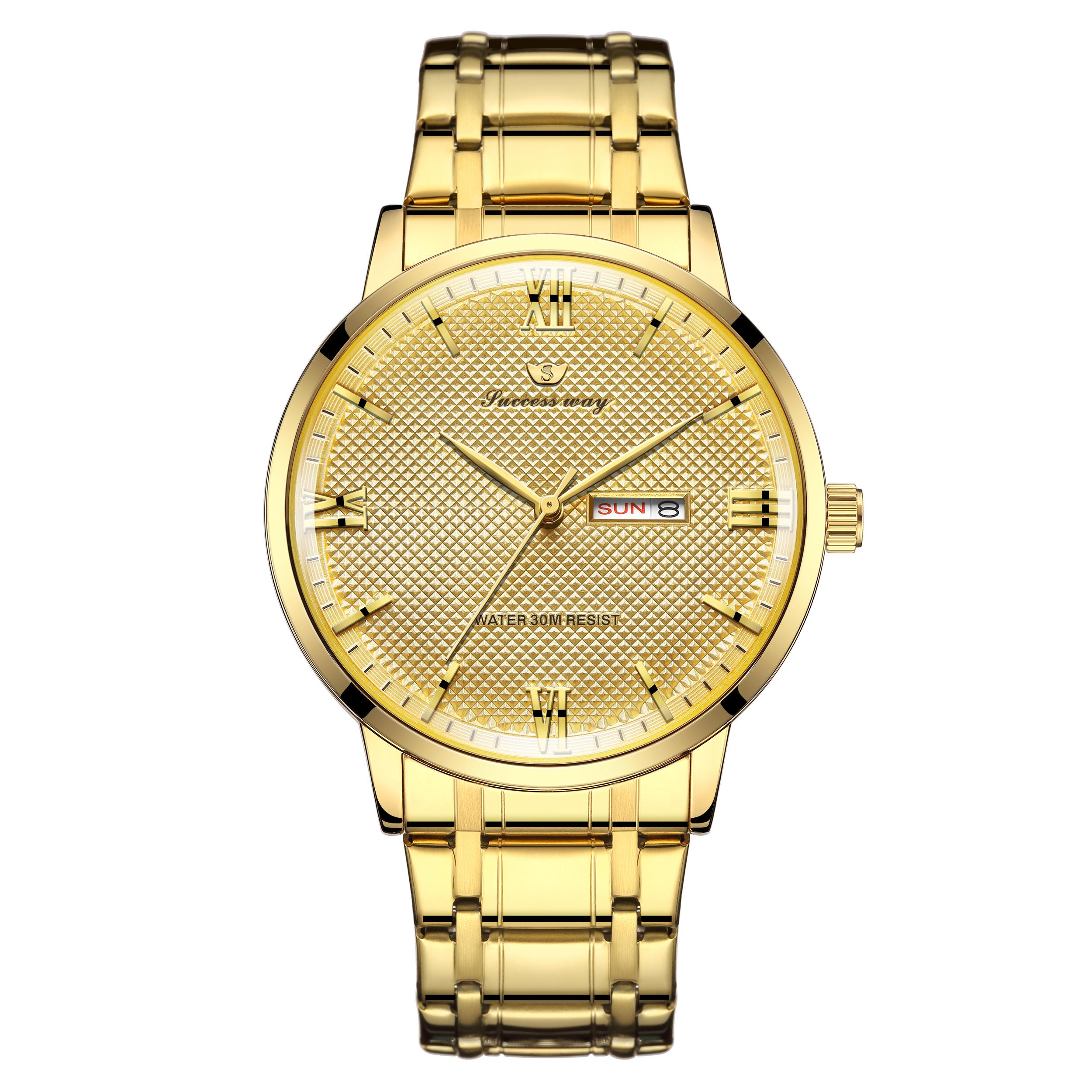 

New high end elegant business steel strip men s quartz watch waterproof double calendar Roman numeral men s quartz watch