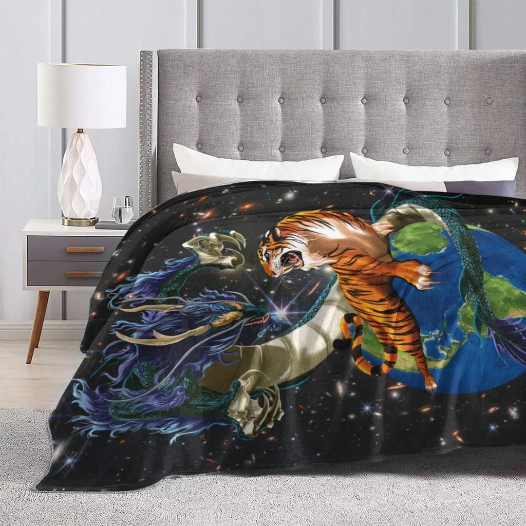 Dragon Tiger Print Soft Warm Throw Blanket Cartoon Animals Pattern Lightweight Flannel Bed Blanket Boy Teenagers Adults Blankets