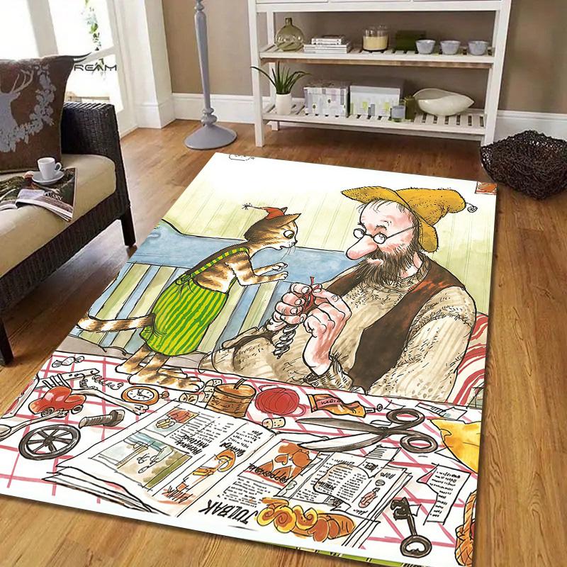 Pettson and Findus Flannel Pattern Square Carpet,Area Rug,Carpet Rug for Living Room Bedroom Sofa Playroom Decor,Non-slip Floor Mat