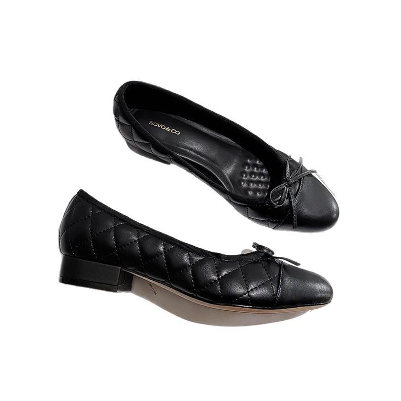 Lambskin Edition 2026 Women's Bow Ballet Mary Jane Shoes - Color Block, Diamond Pattern, Low-Cut Chunky Heels