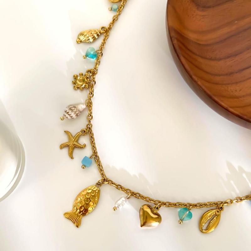 Stylish Marine Inspired Necklace Feature Natural Shell Starfish Fish Charm Adjustable Chain For Everyday Wear