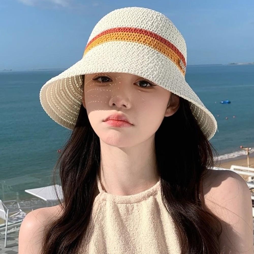 Flat Brim Hollow Straw Cap Breathable Sun Hat Simple Wide Brim Bucket Hat  Beach Vacation