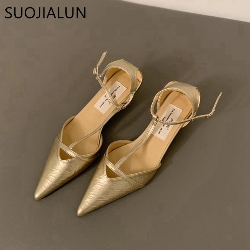 Fashion SUOJIALUN Spring New Women Sandal Fashion Pointed Toe Shallow Ladies Elegant Slingback Shoes Thin Low Heel Outdoor Dress Pumps