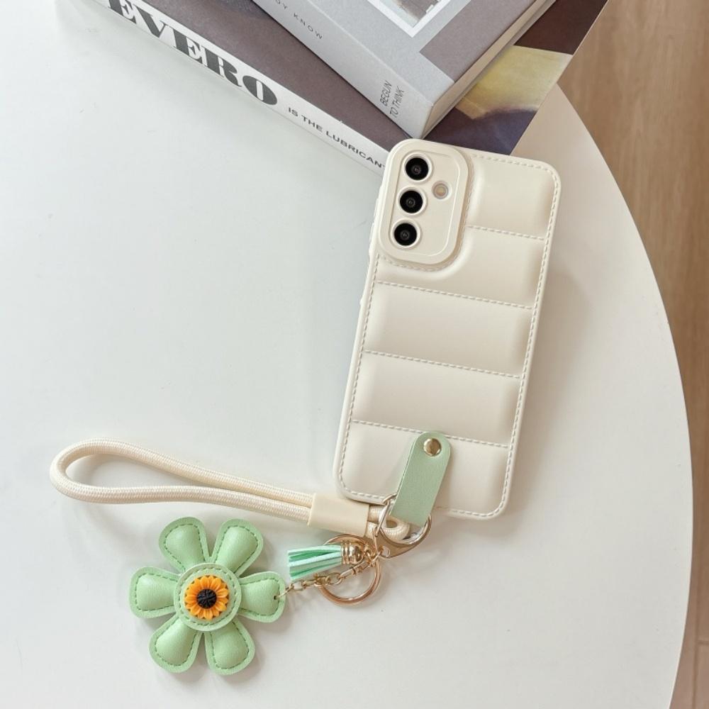 Ins Sunflower Down Jacket Lanyard Case for Samsung Galaxy S25 S24 Ultra S23 S22 Plus A55 A56 A16 A54 A35 A15 Wrist Strap Cover