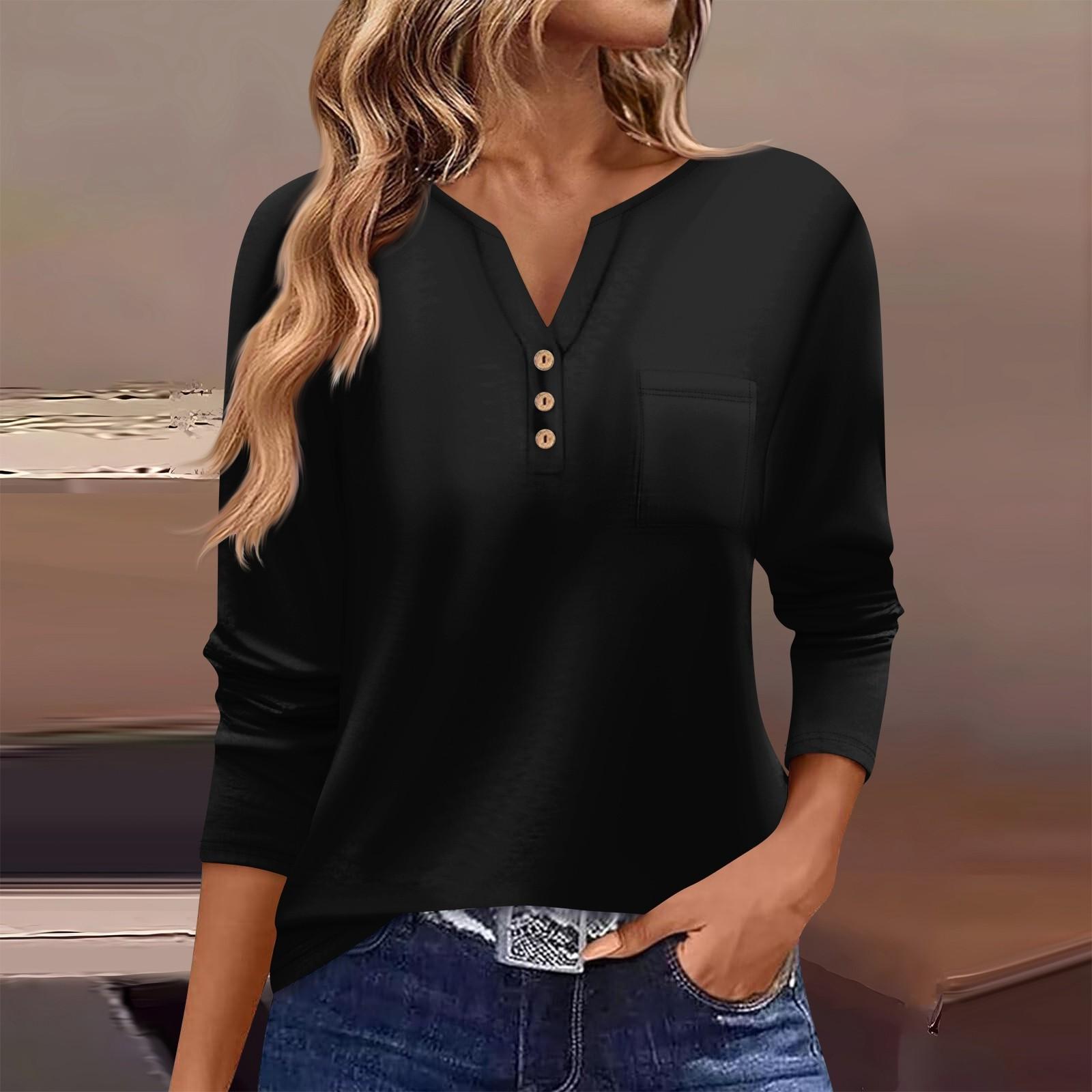 

Женская футболка с длинным рукавом на пуговицах, повседневная, выходного дня, модная, базовая, с V-образным вырезом, обычная, с карманом L чёрный