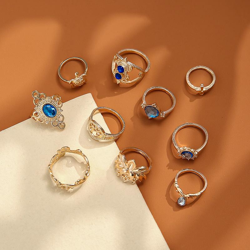 Vintage Gold Alloy Personality Female Style Flower Wave Sapphire 10-Piece Ring