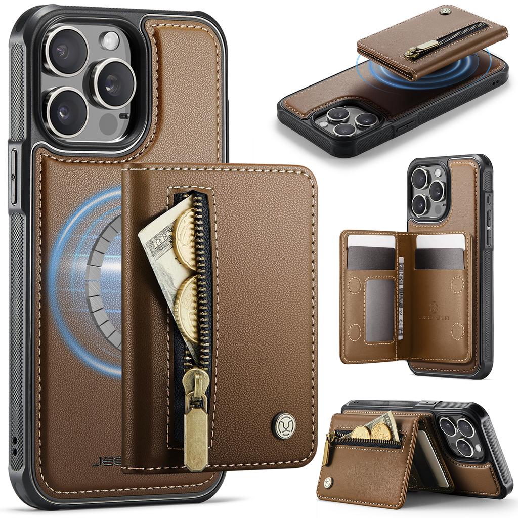 Etui JEEHOOD J12 do iPhone'a 14 Pro Magnetyczne Odpinany portfel na zamek Błyskawiczny Podpórka Skórzany tylny pokrowiec Kompatybilny z MagSafe
