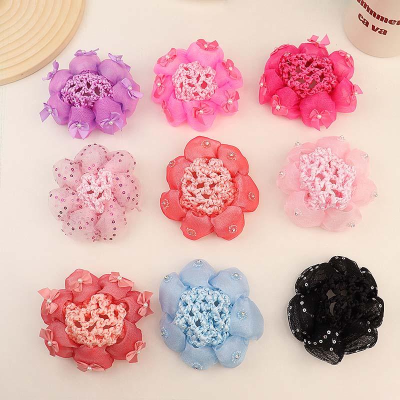 New Child Bowknot Pearl Hair Net Elastic Solid Color Non-Slip Lace Hair Bun for Girl Women Snood Net Hair Accessories