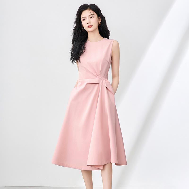 

Элегантное французское минималистичное длинное платье без рукавов с плиссировкой, подчеркивающей талию Extra Large розовый