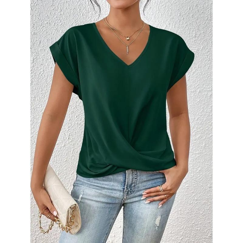 Autumn new products women's lightweight breathable V-neck T-shirt elegant knotted loose short-sleeved top women