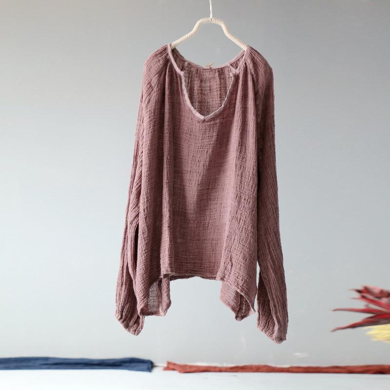 

Женские осенние льняные винтажные однотонные футболки с круглым вырезом и длинными рукавами, свободные повседневные пуловеры, женская футболка One Size розовый