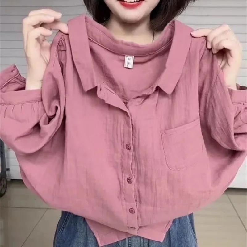 Loose Fit Cotton Linen Five-Quarter Sleeve Shirt for Women Korean Style Vintage Collar Outerwear Shirt Age-Defying Top