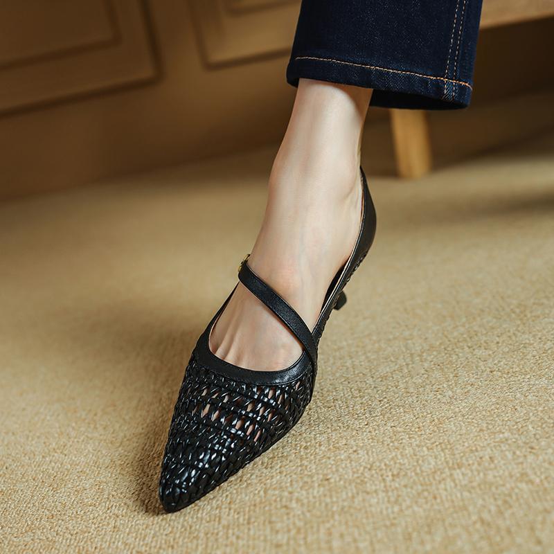 

Fashion 2025 Summer Women Shoes Pointed Toe Women Sandals Genuine Leather Shoes for Women Weave Elegant High Heels Party Shoes 34