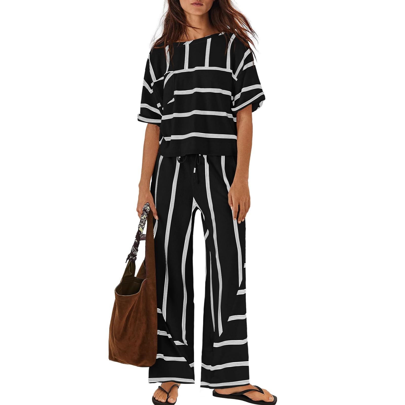 

Women s Casual Two Piece Set Short Sleeve Top and Wide Leg Pants Striped Pattern Lightweight Lounge Wear Set for Vacation M чёрный