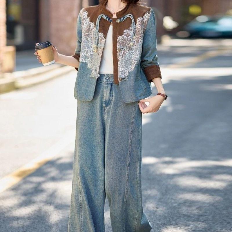 2026 Spring/Autumn Women's Lace Patchwork Denim Suit with Frog Buttons - Stylish Two-Piece Set
