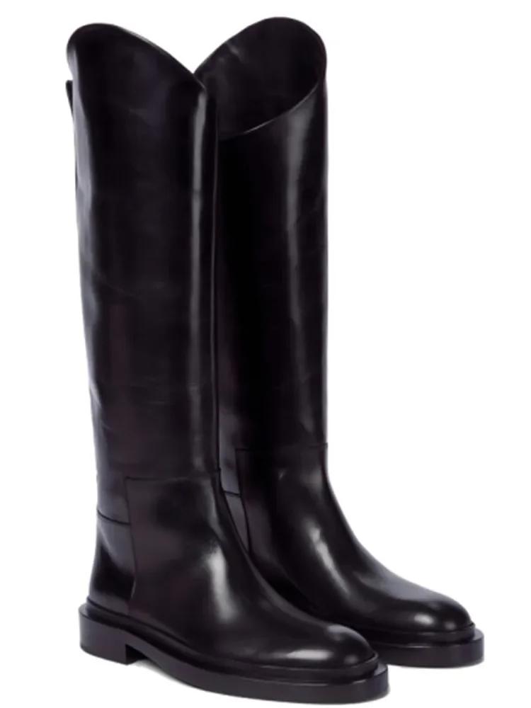 European and American Ladies Fashion Round Toe Knee Length Flat Leather Boots, Size 34-46 Women's Knight Boots