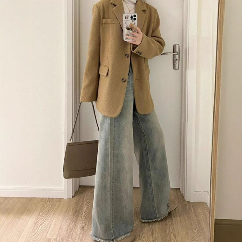 Wide-legged Jeans Women Spring and Summer Big Size High-waisted Vintage Loose Rough Edges Design Sense of The Straight Tube Drag Ground Long Trousers