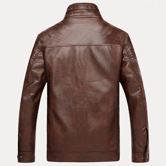 Men Long Sleeve Stand Collar Faux Leather Fleece Lined Zip Warm Short