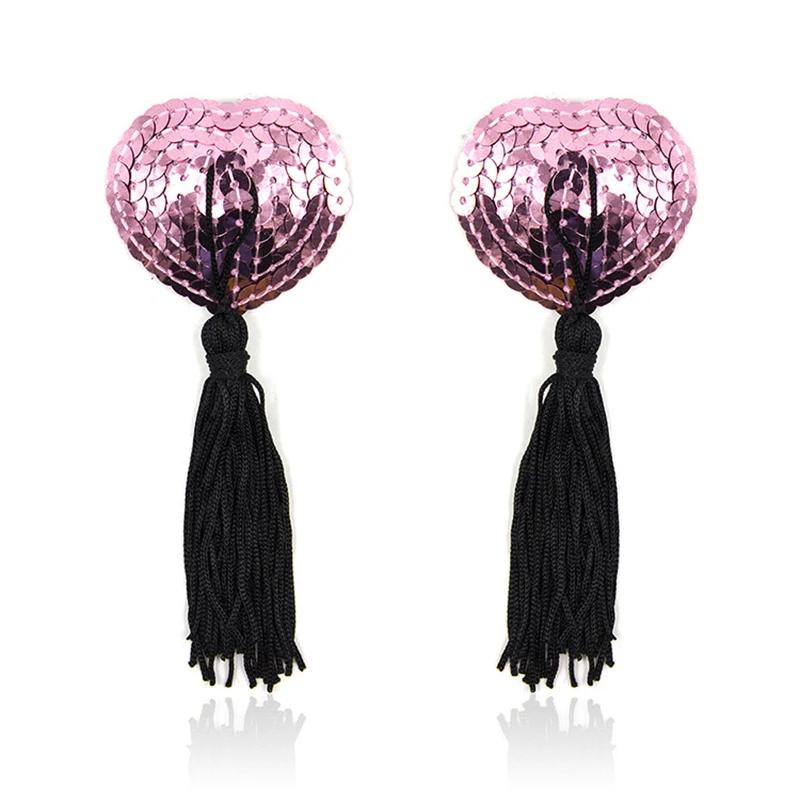 1Pair Sexy Pasties Stickers Sequin Nipple Covers with Tassels Heart Shape Nipple Stickers Pasties  Chest Stickers