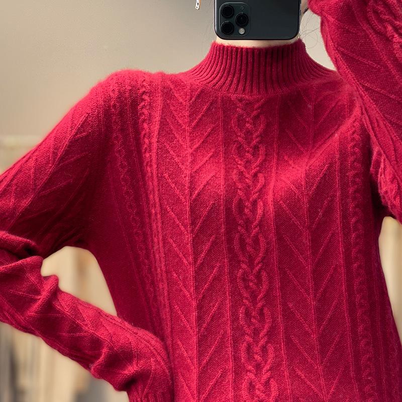 

Осень и зима новый полувысокий воротник утолщенный женский жаккардовый свободный и тонкий однотонный с длинным рукавом универсальный вязаный свитер женский One size красный