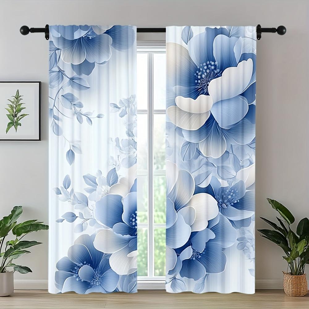 2 Panels Blue and White Floral Print Door Curtains - Polyester Fabric for Living Room, Kitchen, Office, Bedroom