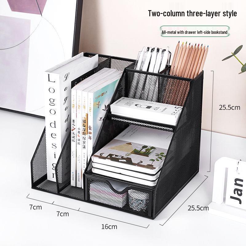 Wrought Iron Metal File & Pen Holder: Office File Rack & Bookshelf Organizer