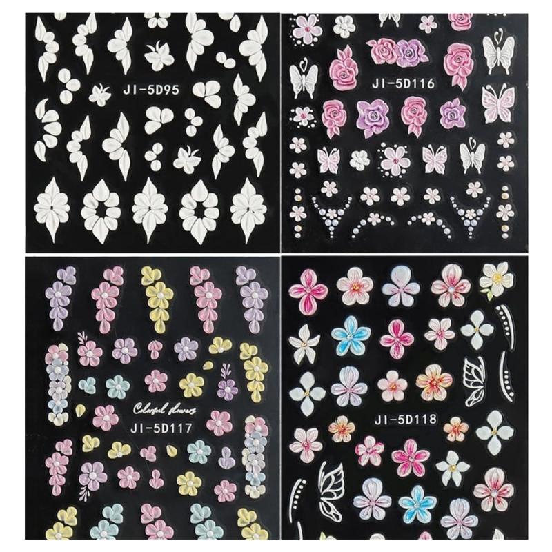 4 Sheets Flowers Nail Decals Simple Nails Art Stickers Sweet Manicure Stickers Adhesive Nail Sticker for Women