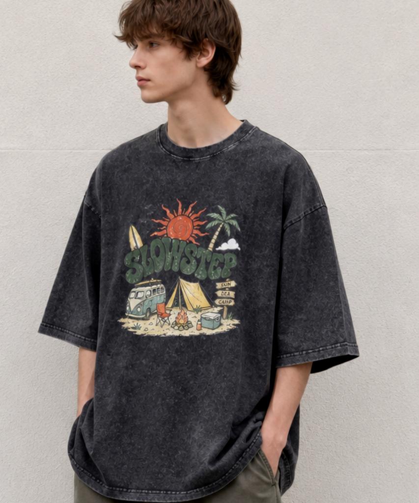 Seullouseuteb Sp2605 Vintage Camping Graphic Pigment Oversized Short Sleeve T-Shirt Black