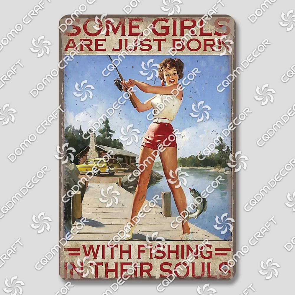 Vintage Znak Metalowy Blaszany Dziewczyny Wędkujące Retro Kobieta z Psami Dekoracja Ścienna dla Klubu Wędkarskiego Dom Wiejski