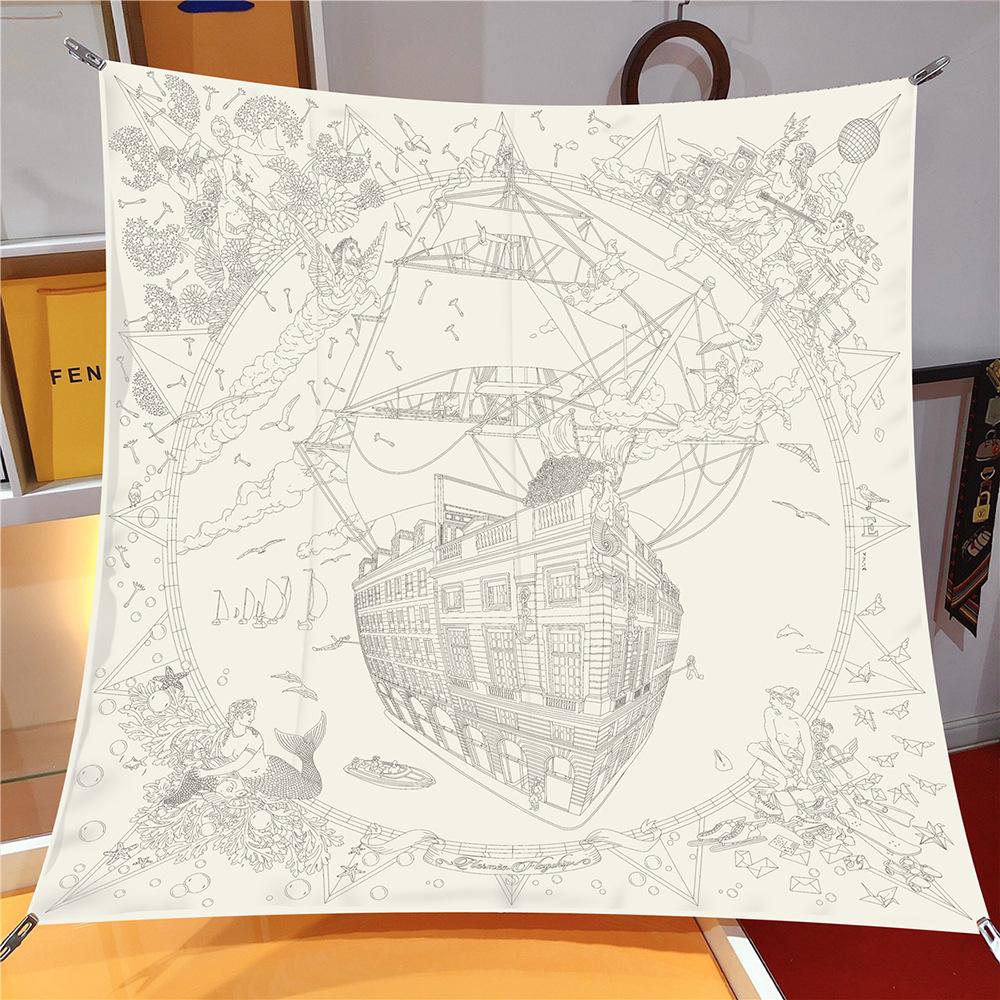 

90cm Twill Silk Scarf Shawl Luxury Brand Boat Print Square Scarves Women Hijabs Bandana Silk Foulards Neckerchief 90x90cm