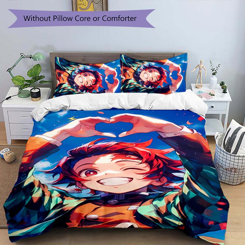 3pcs Demon Slayer Tanjiro Kamado Pattern Bedding Set Duvet Cover Set Includes Duvet Cover &pillowcases, Perfect All Season Bedroom Decoration & Gift