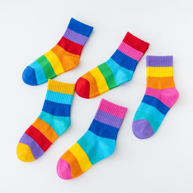 5 Pairs Girls Rainbow Pattern Cotton Socks Comfortable Breathable Soft Kids Socks For Daily Wear