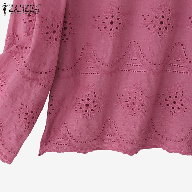 ZANZEA Womens Casual O-neck 3/4 Sleeve Crochet Patchwork Loose Blouse